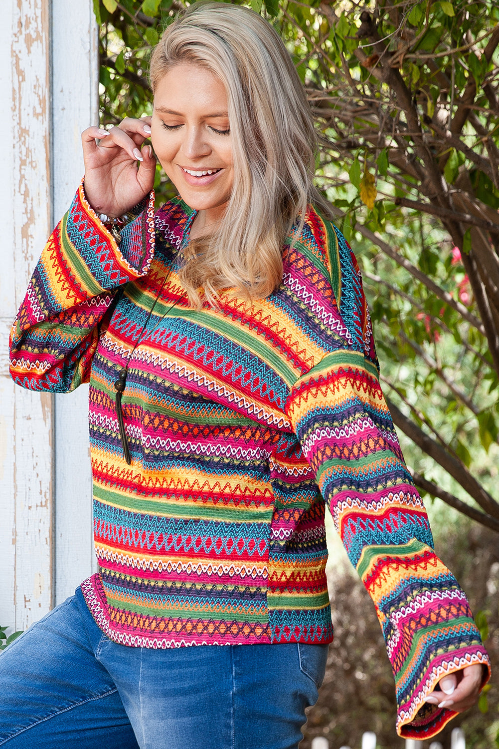 Red Ethnic Striped Print Long Sleeve Plus Size Top