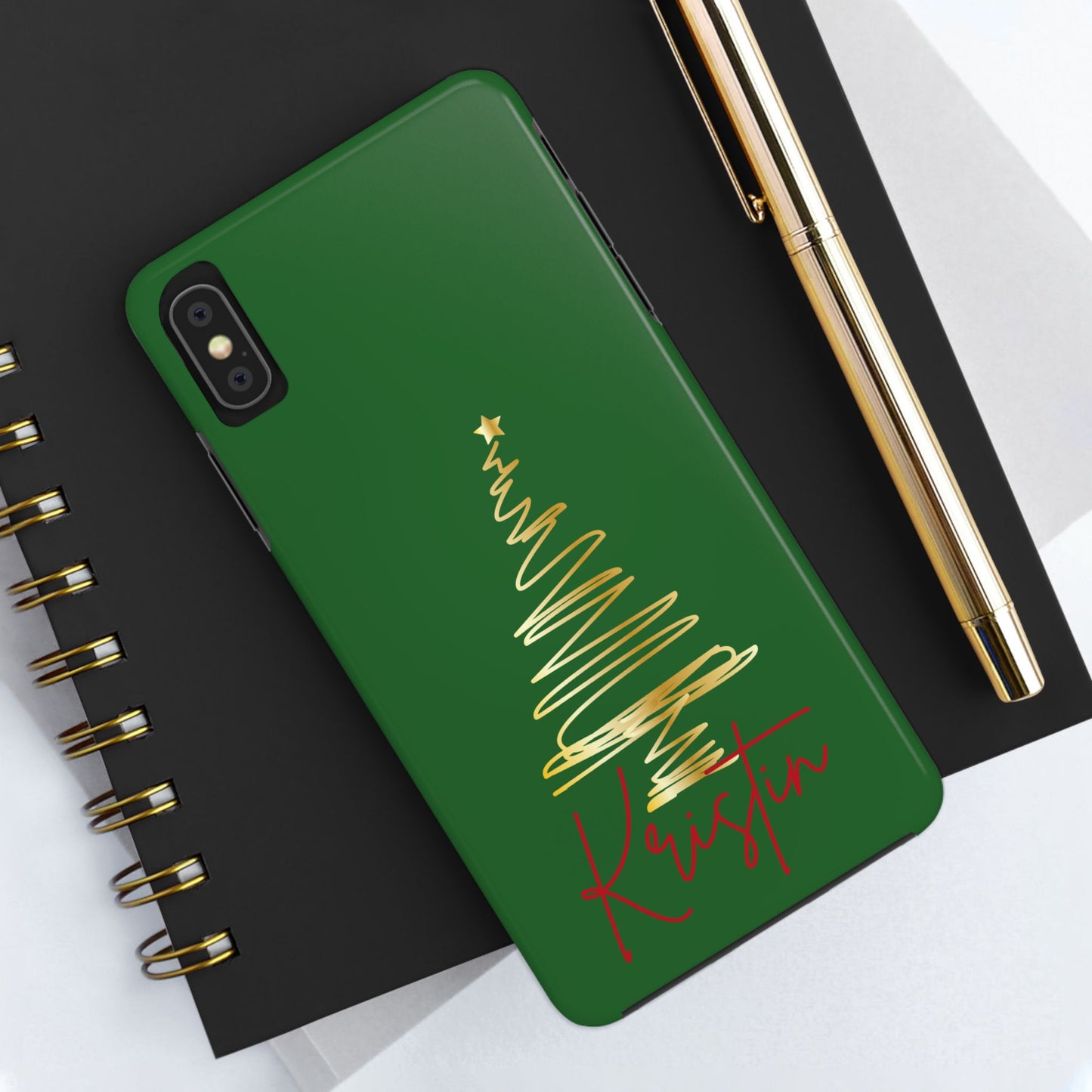 Personalized Christmas Tree Phone Case- Green and Gold