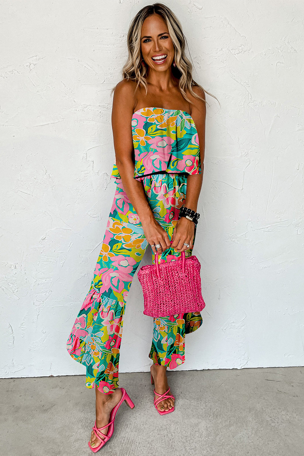 Green Mix Tropical Print Strapless Ruffled Jumpsuit