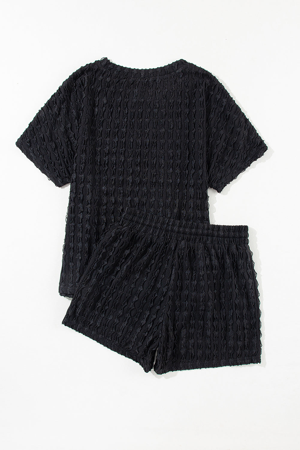 Black Frill Textured Short Sleeve Top and Drawstring Shorts Set