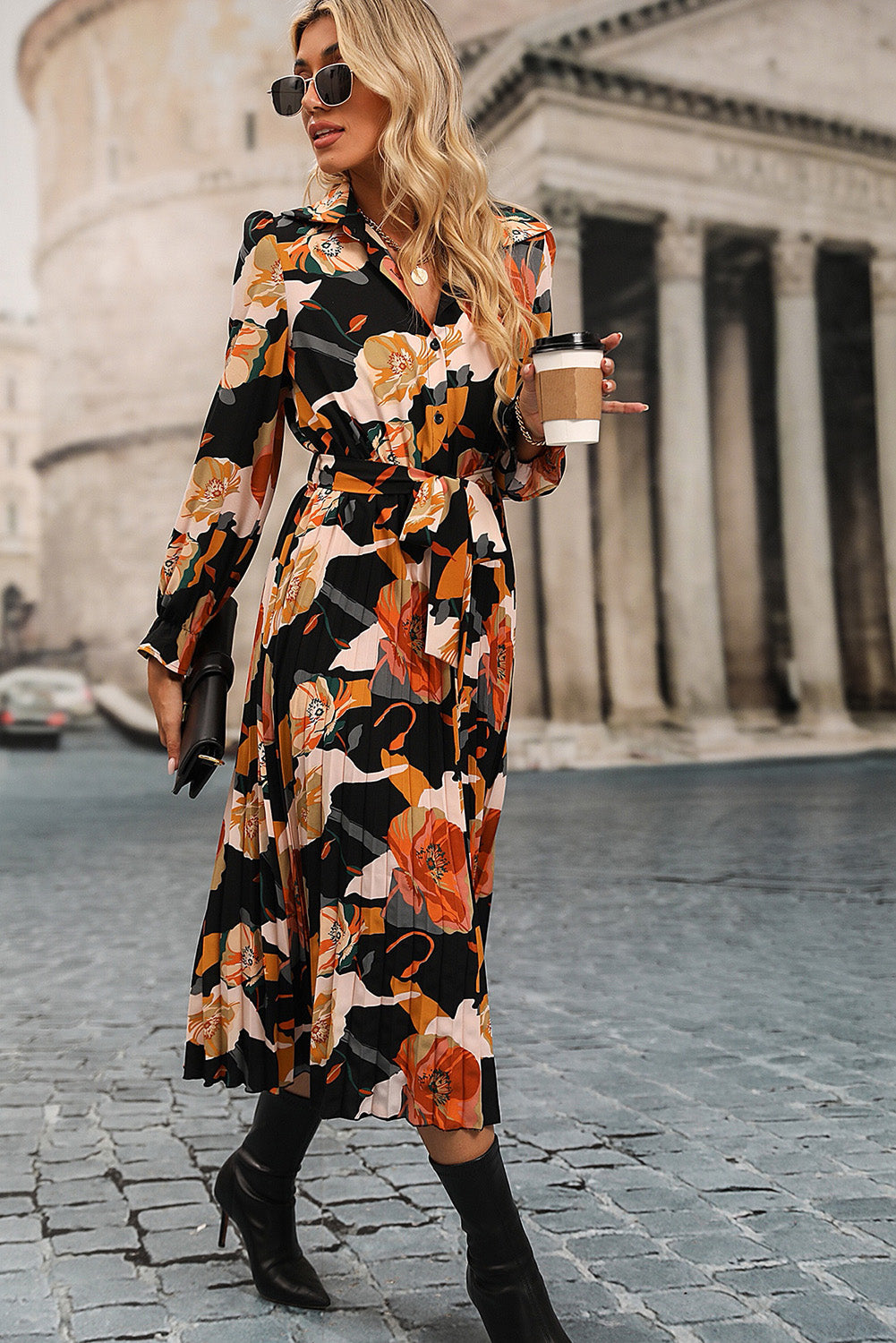 Multicolor Floral Print Waist Tie Pleated Midi Shirt Dress