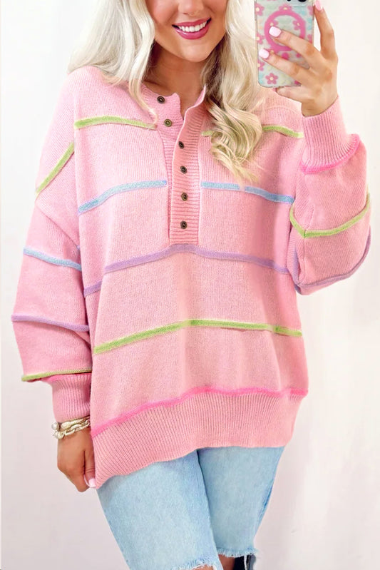 Pink Rainbow Stripes Drop Shoulder Baggy Henley Sweater