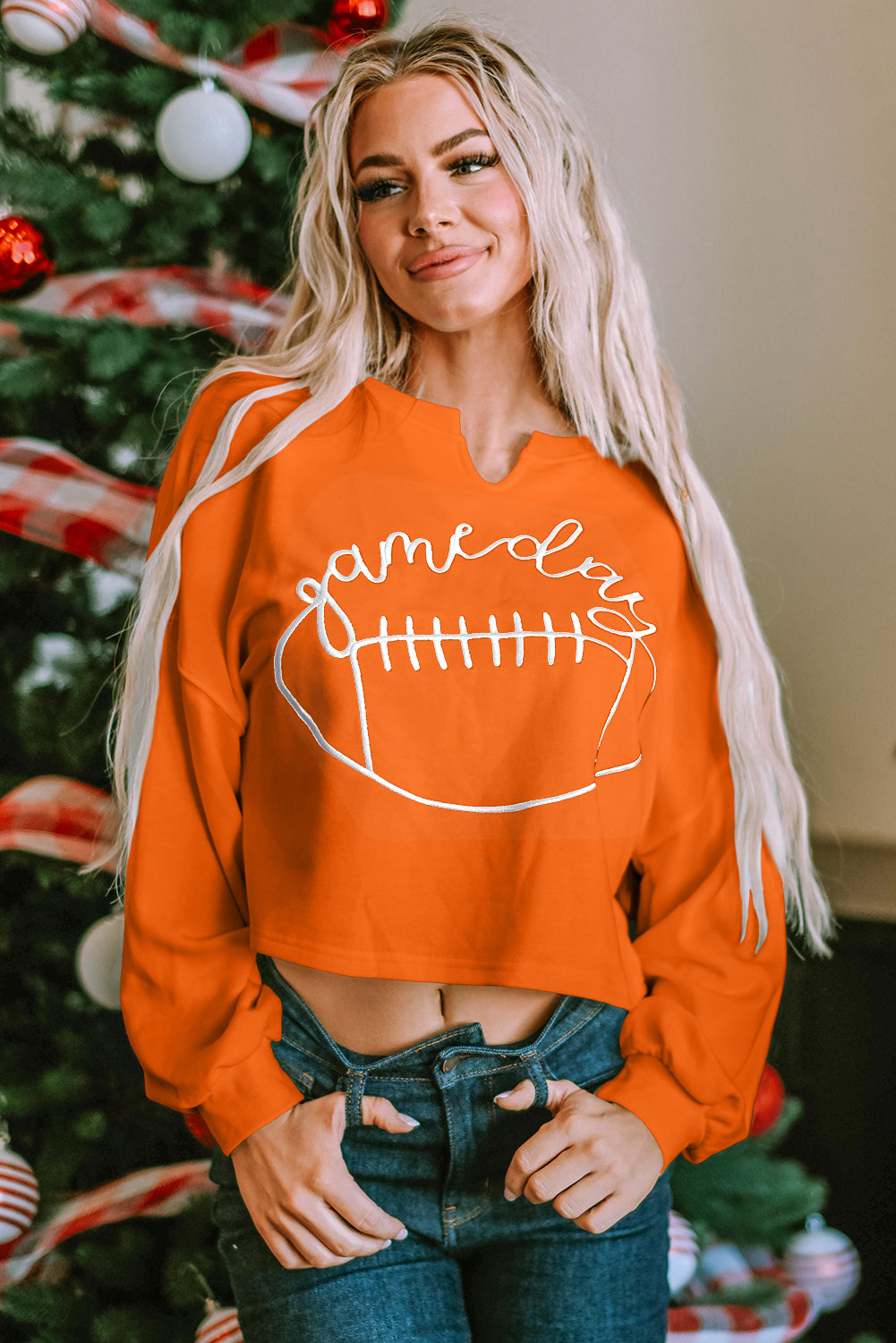 Orange Game Day Lettering Rugby Notched Neck Sweatshirt