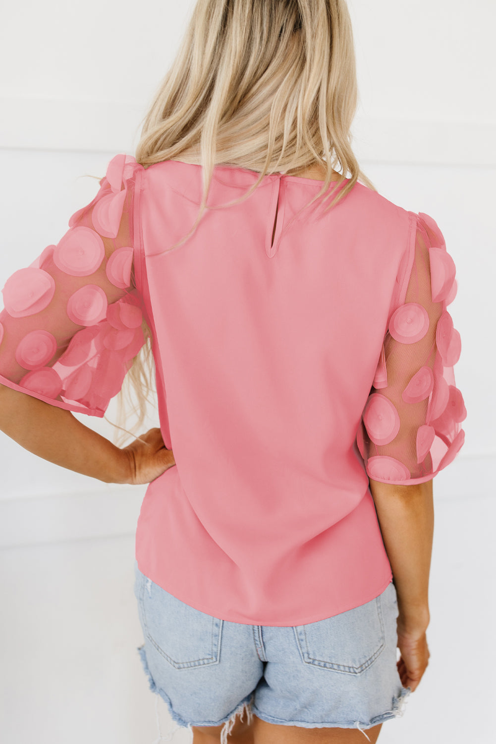 Dusty Pink Contrast Applique Mesh Half Sleeve Blouse