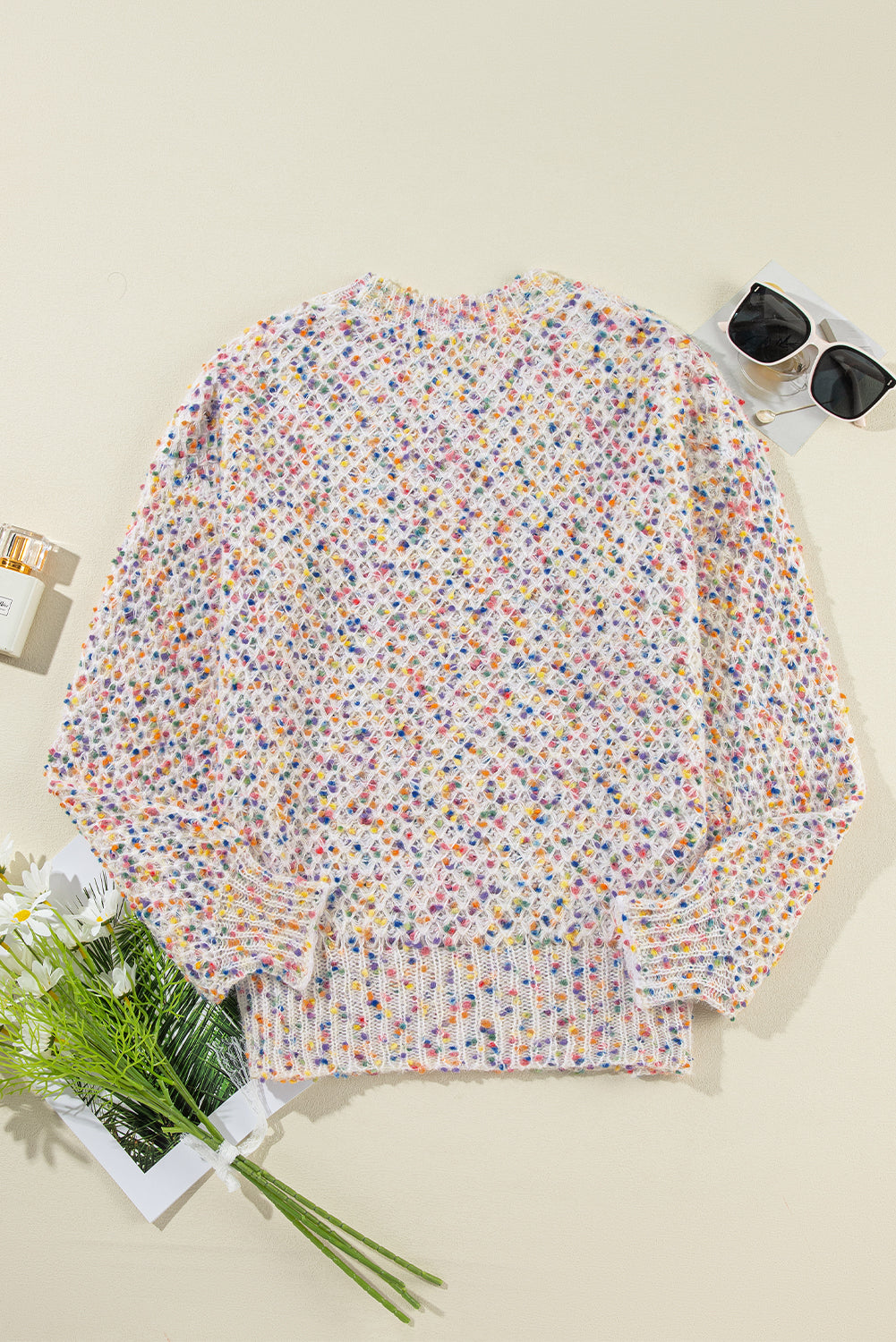 White Confetti Knit Popcorn Sweater Top