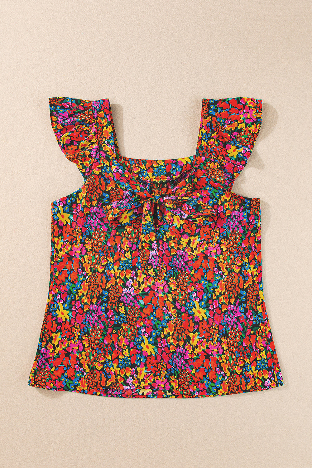 Multicolour Floral Print Cap Sleeve Square Neck Back Knot Blouse