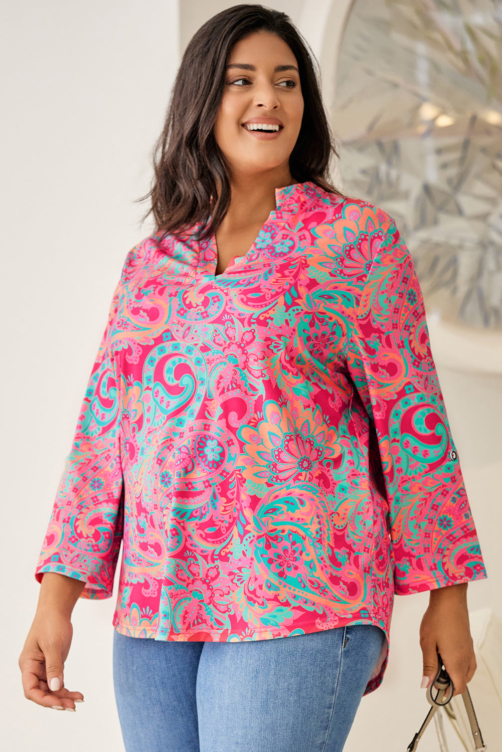 Pink Printed Plus Size Paisley Print V Neck Roll Tab Sleeve Blouse