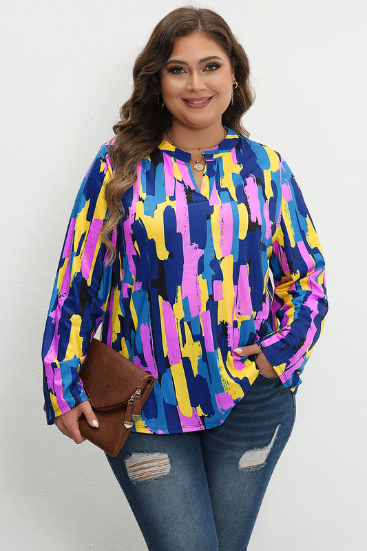 Blue Plus Size Brushstroke Print 3/4 Sleeve Blouse