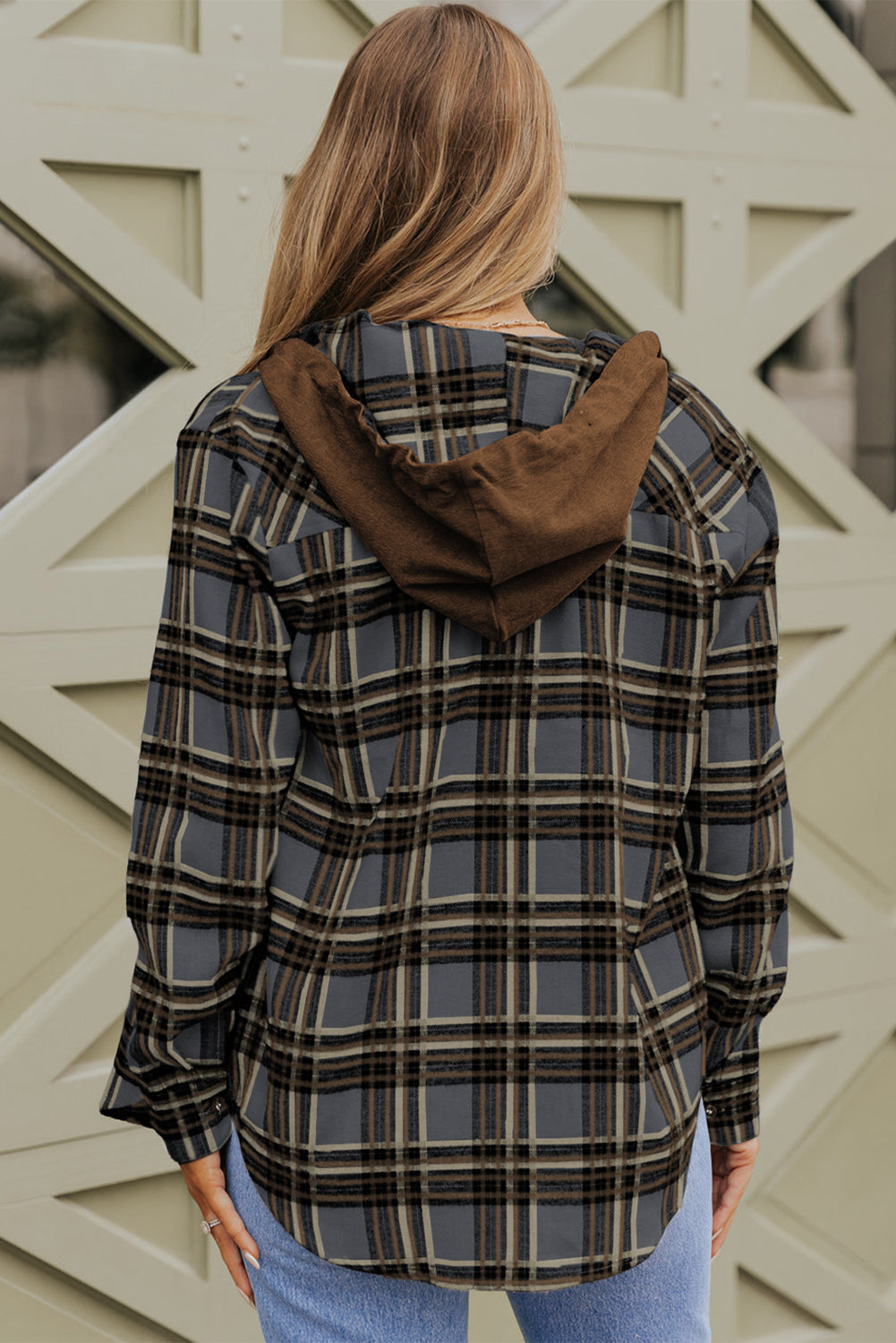 Contrast Hooded Drawstring Plaid Shacket