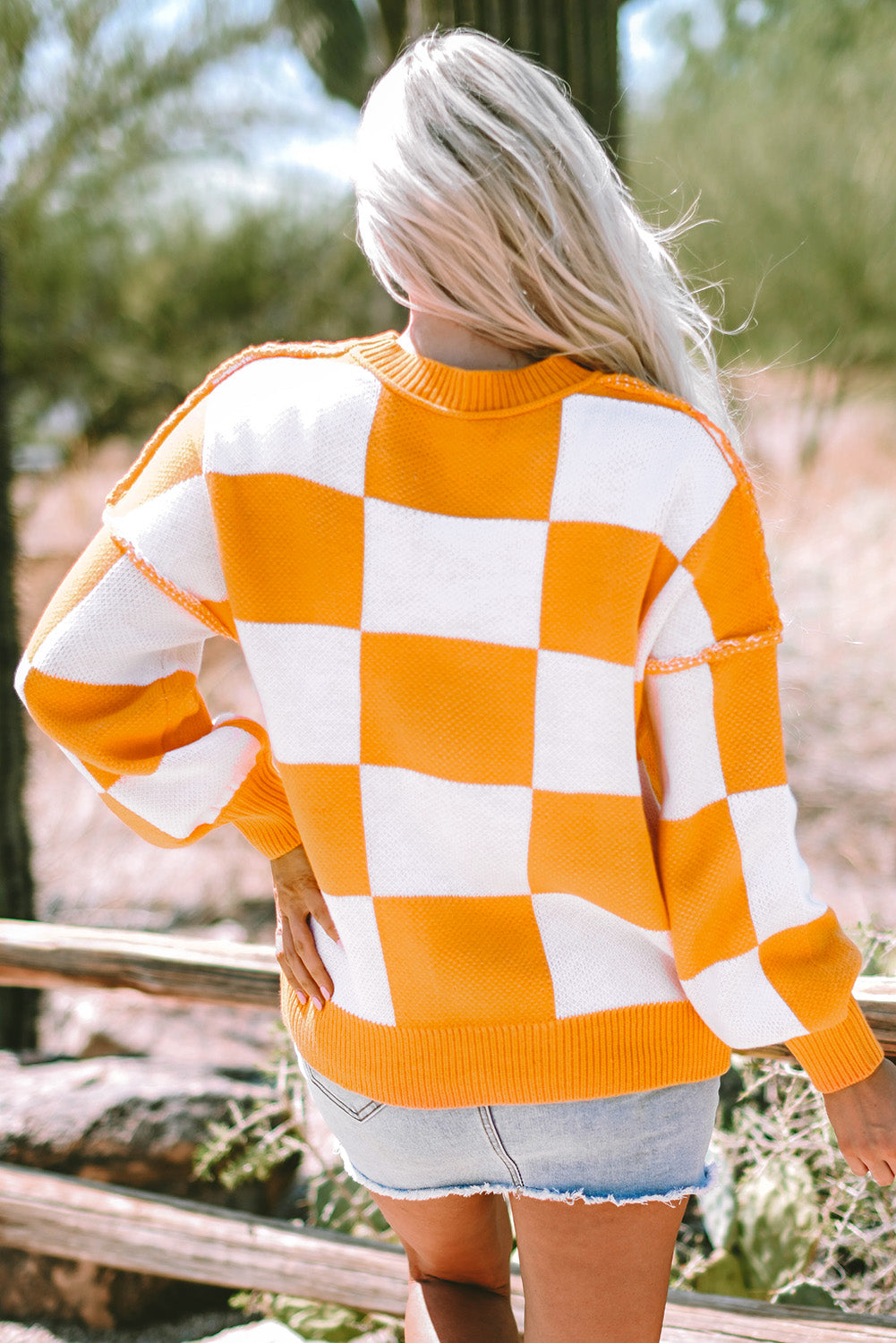 Orange Checkered Bishop Sleeve Sweater