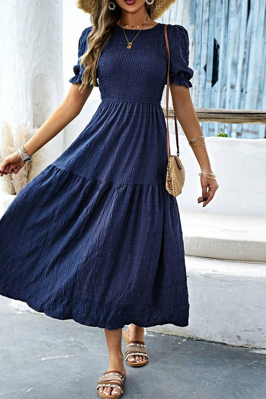 Sail Blue Solid Textured Smocked Puff Short Sleeve High Waist Long Dress