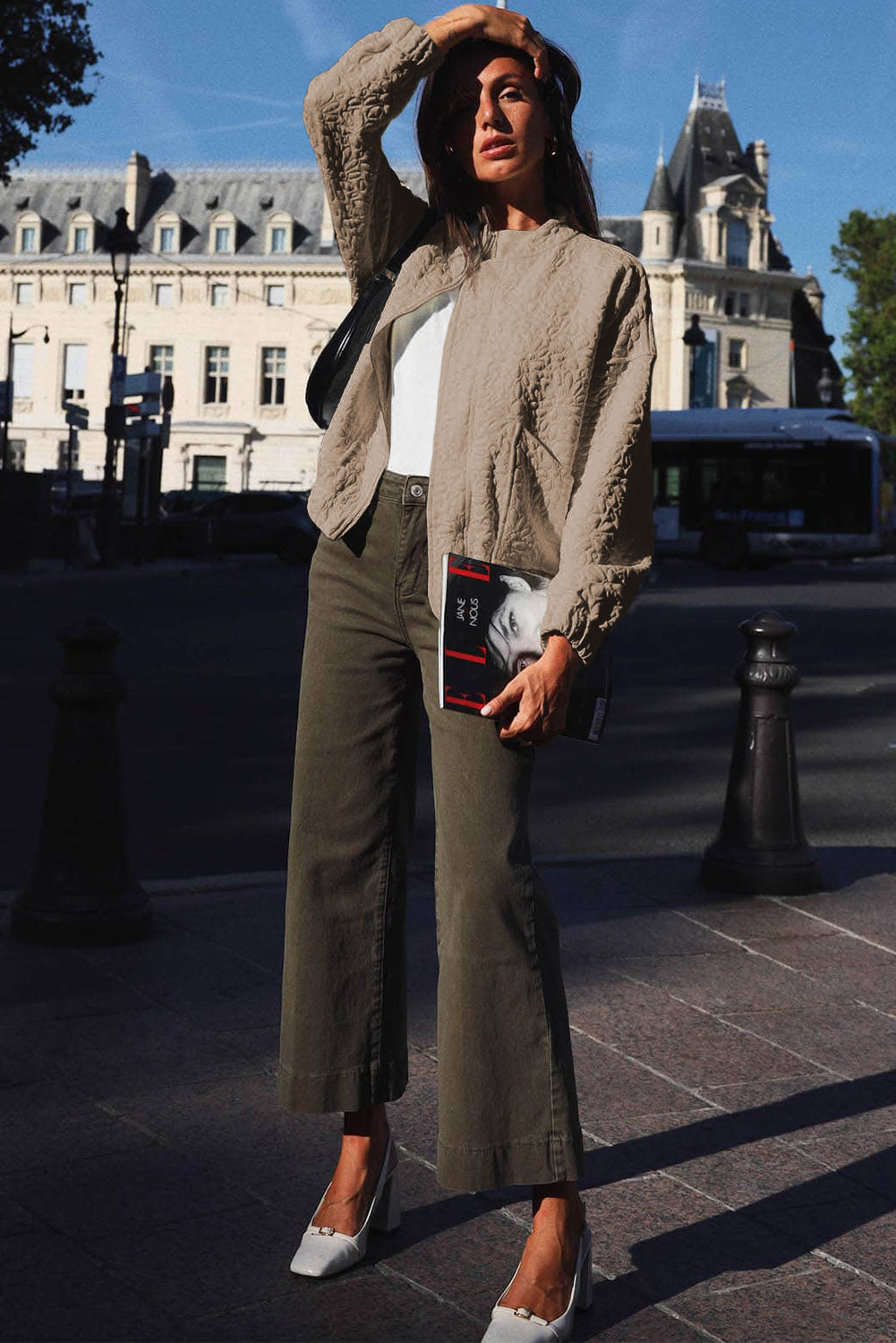 Light French Beige Floral Quilted Jacket