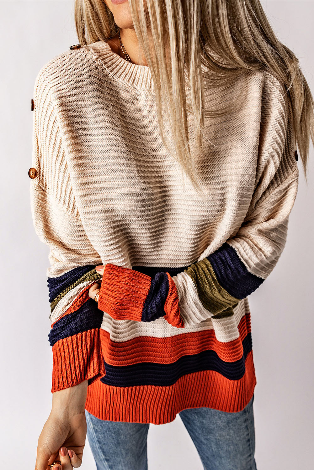 White Buttoned Shoulder Drop Shoulder Striped Sweater