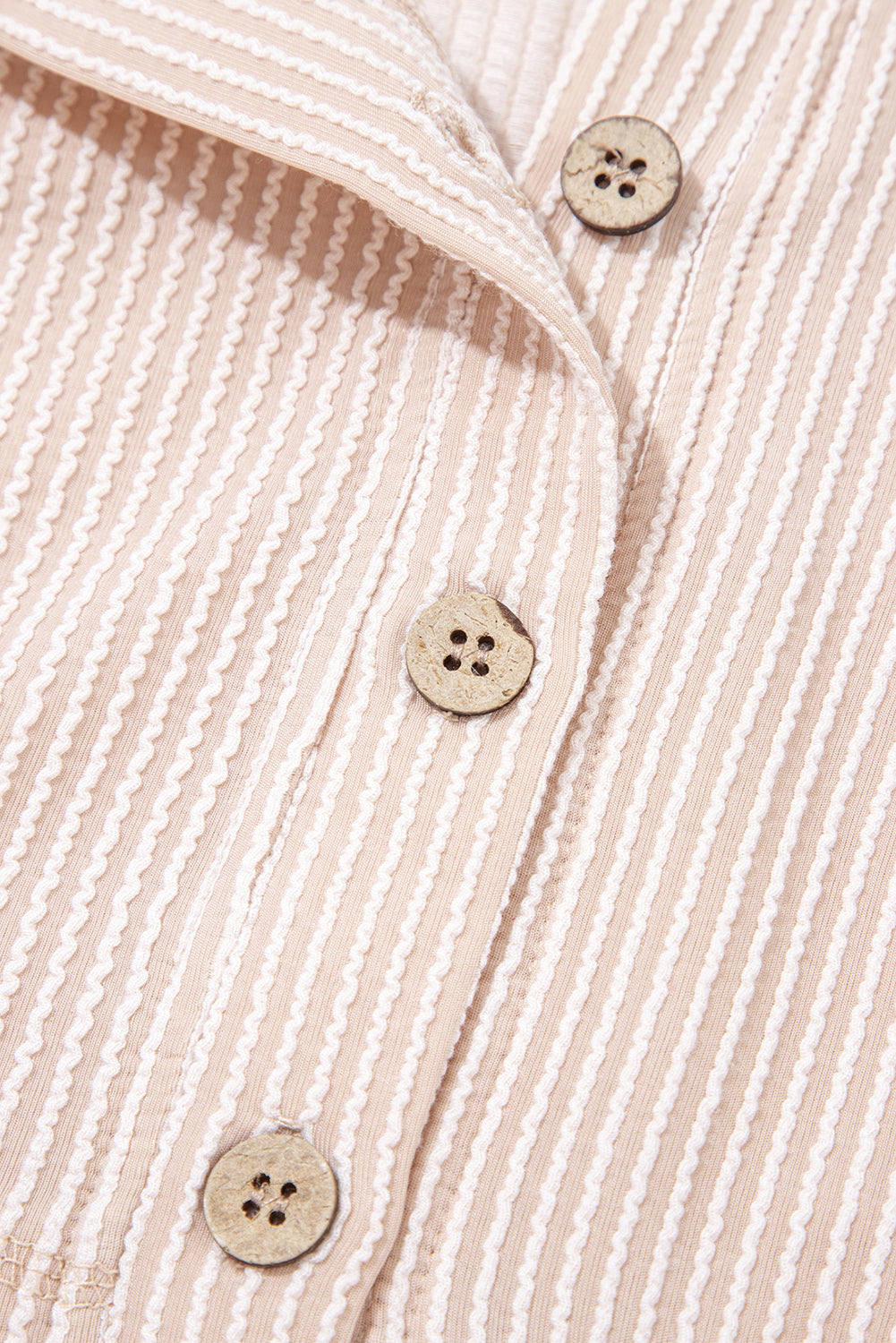 Parchment Spiral Ribbed Short Sleeve V Neck Buttoned Romper with Pocket