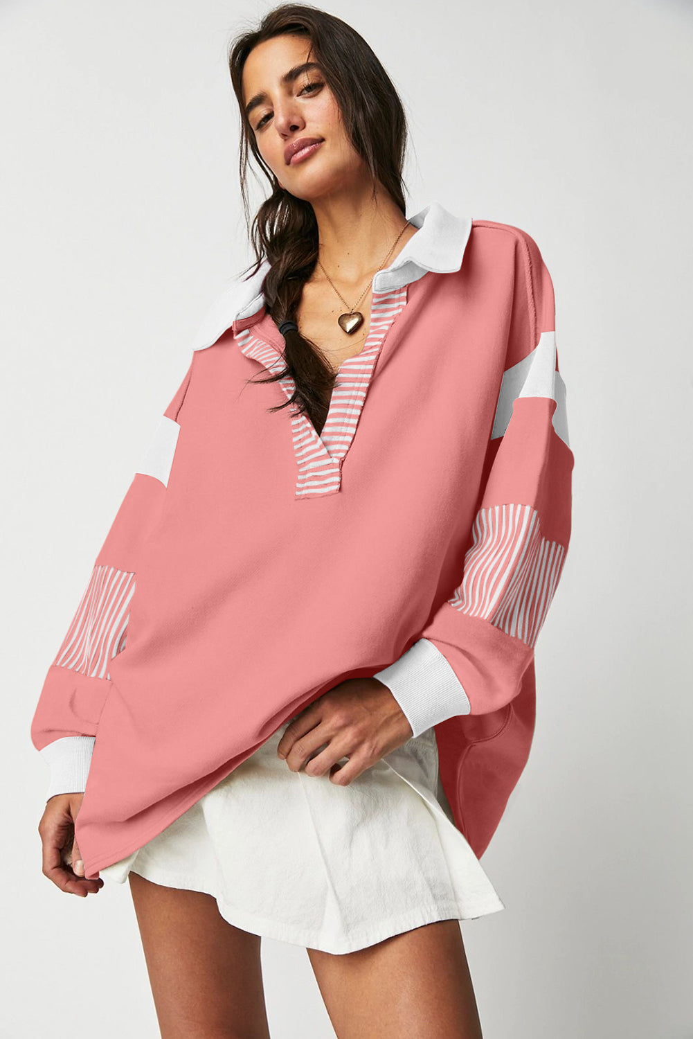 Light French Beige Striped Colorblock Patchwork Collar Sweatshirt