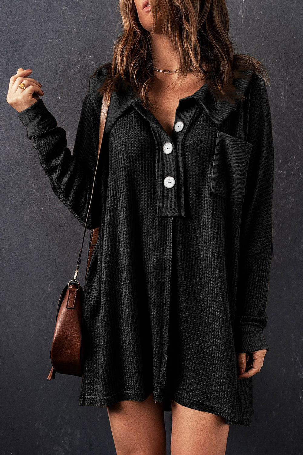 Black Waffle Knit Buttoned Long Sleeve Top