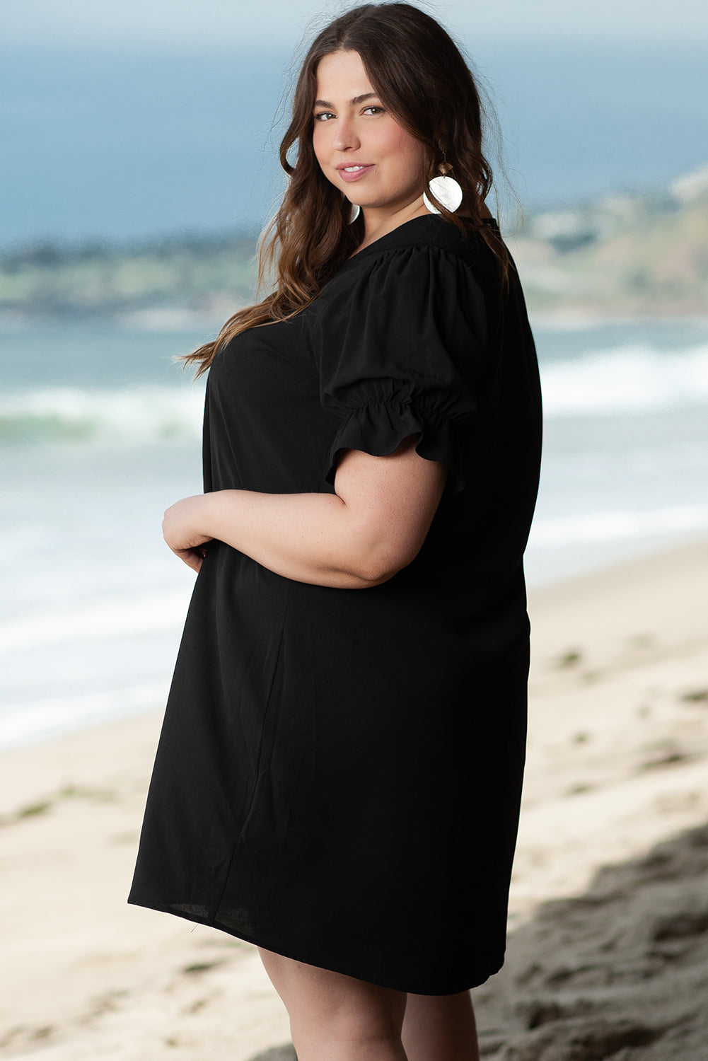 Black Solid Ruffled Puff Sleeve V Neck Plus Size Mini Dress