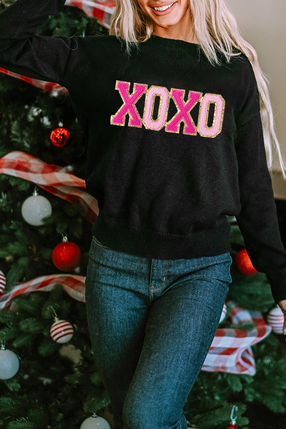 Black XOXO Glitter Print Round Neck Casual Sweater