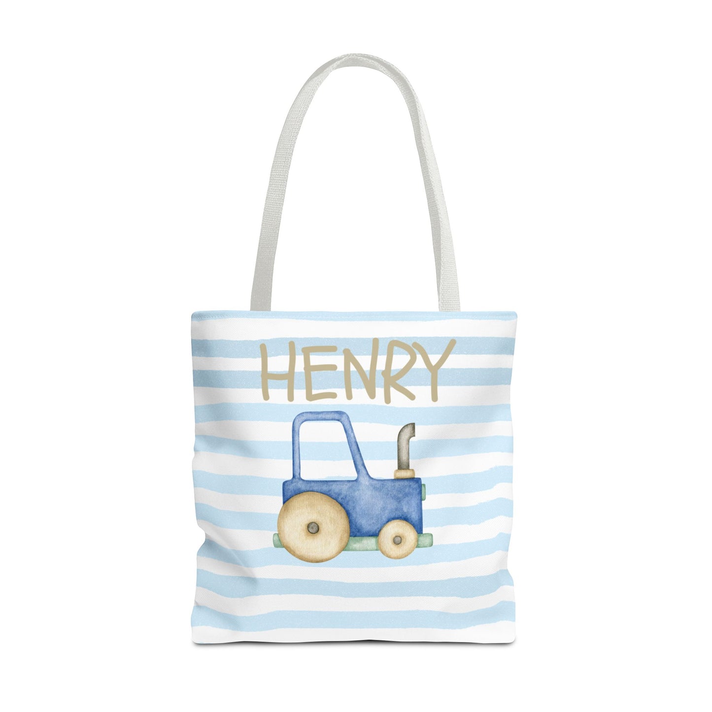 Personalized Kids' Blue Stripe Tote Bag with Tractor Design