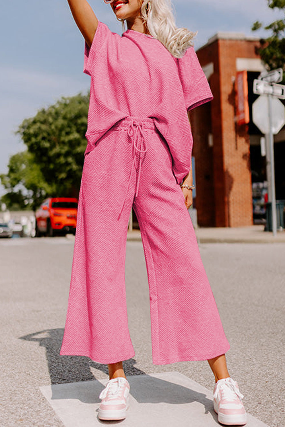 Red Dahlia Textured Loose Fit T Shirt and Drawstring Pants Set