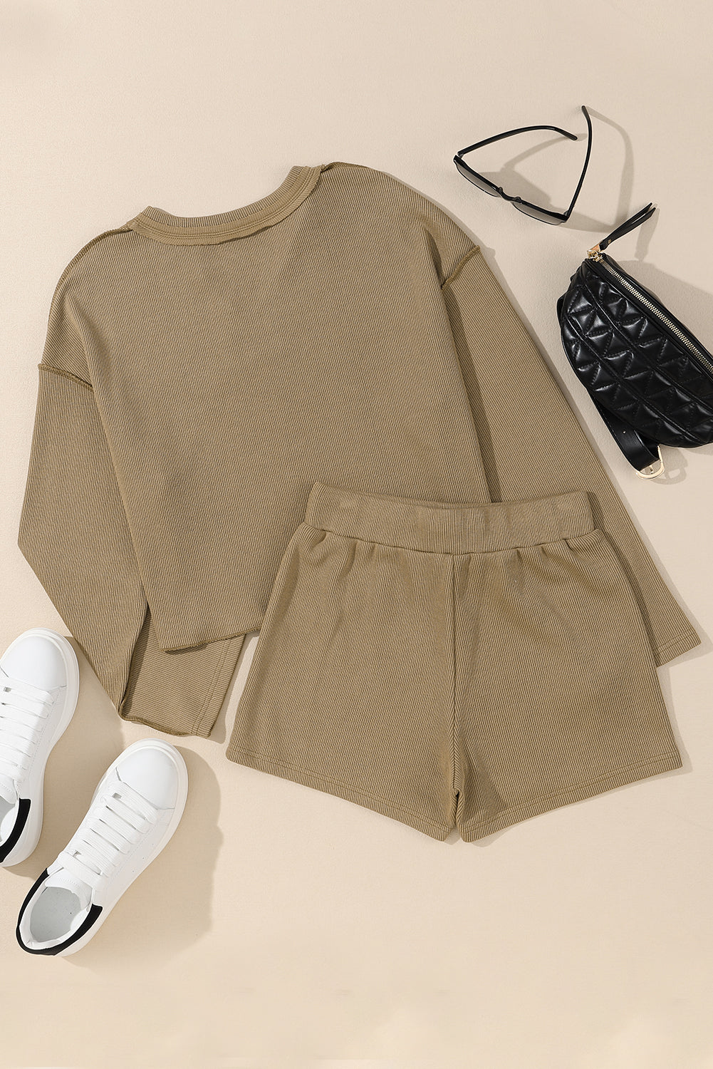 Khaki Exposed Seam Textured Long Sleeve Top Shorts Set