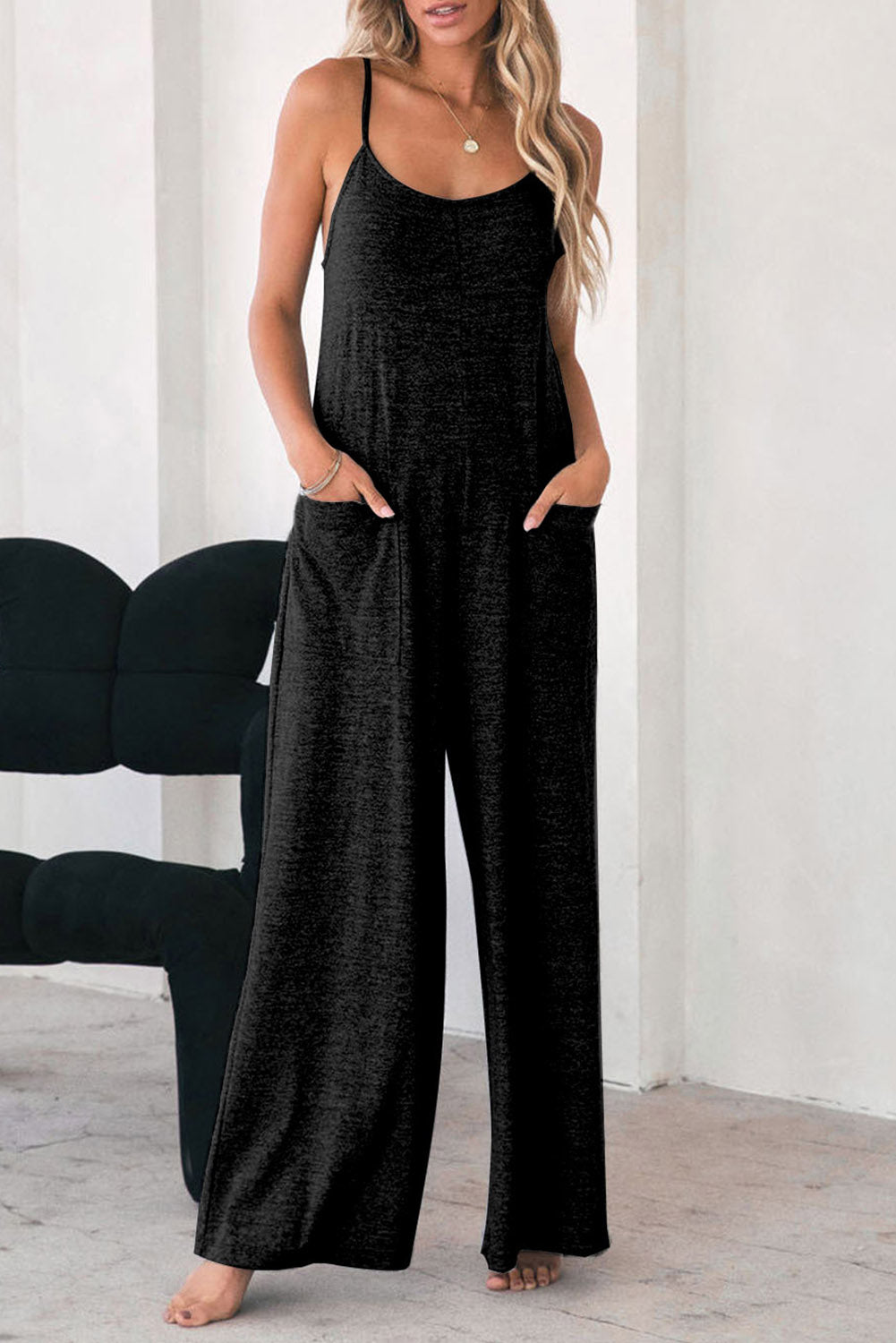 Black Patch Pockets Spaghetti Strap Wide Leg Jumpsuit