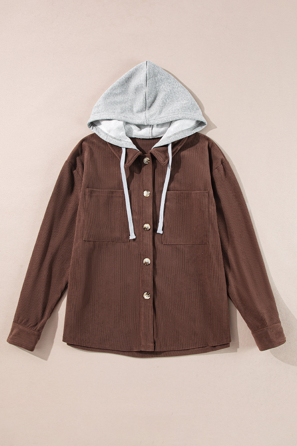 Coffee Hooded Drawstring Pockets Corduroy Shacket