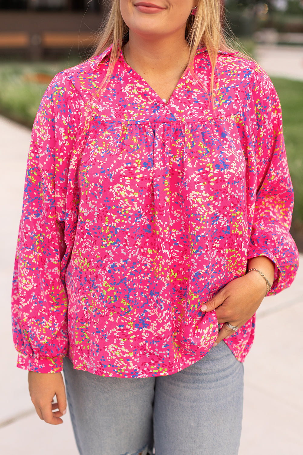 Purple Plus Size Floral Print Puff Sleeve V Neck Blouse