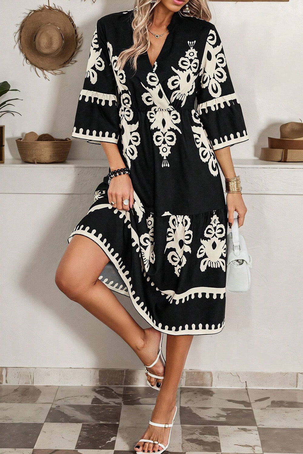 Black Geometric Print 3/4 Sleeve Midi Dress