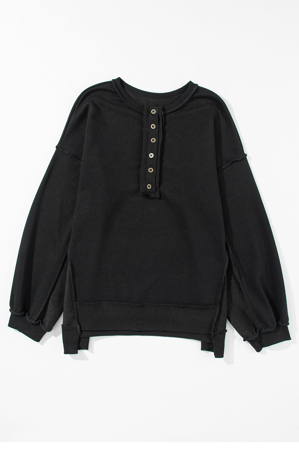 Black Oversized Exposed Seam Henley Sweatshirt