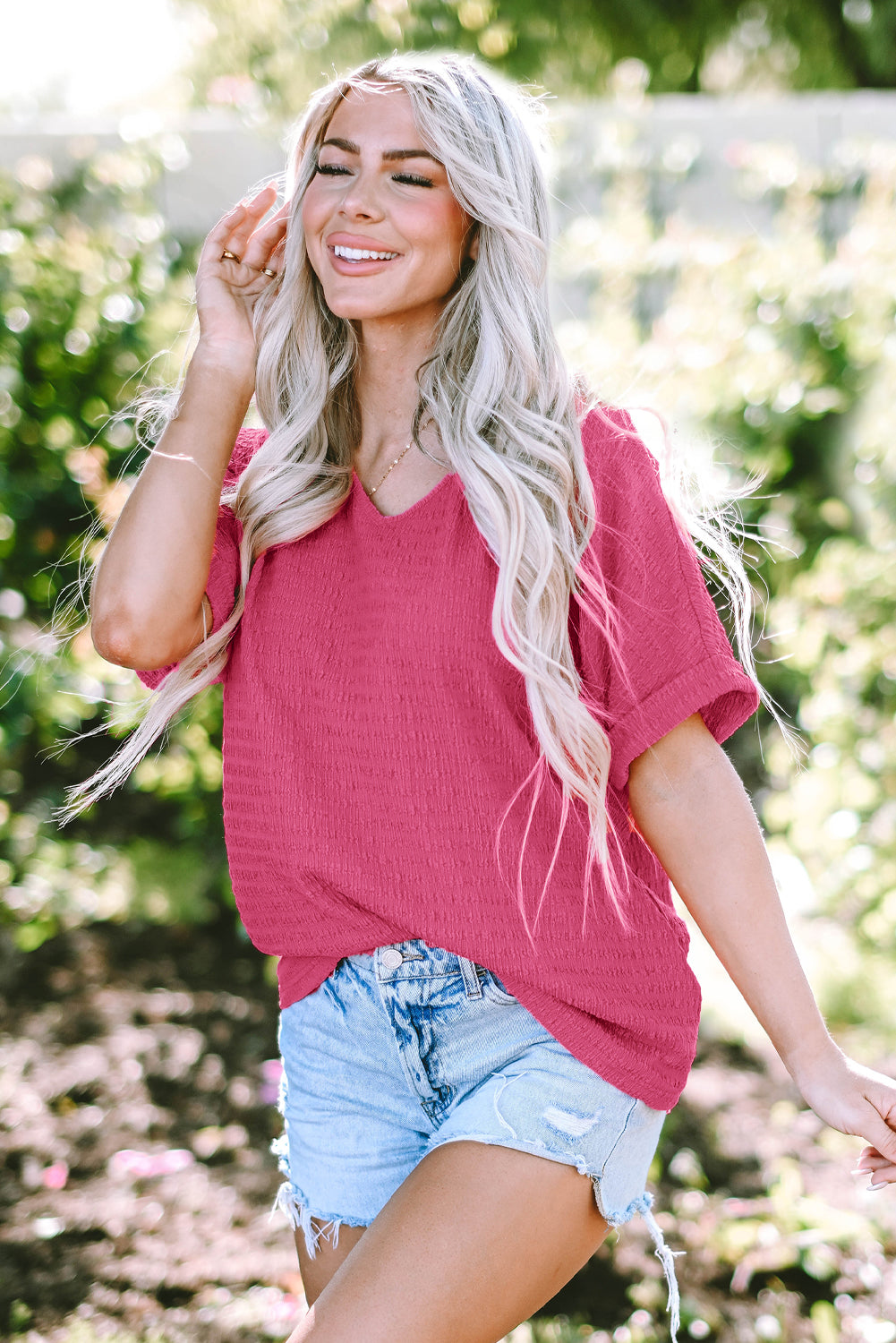 Bright Pink Textured Rolled Sleeve V Neck Tee