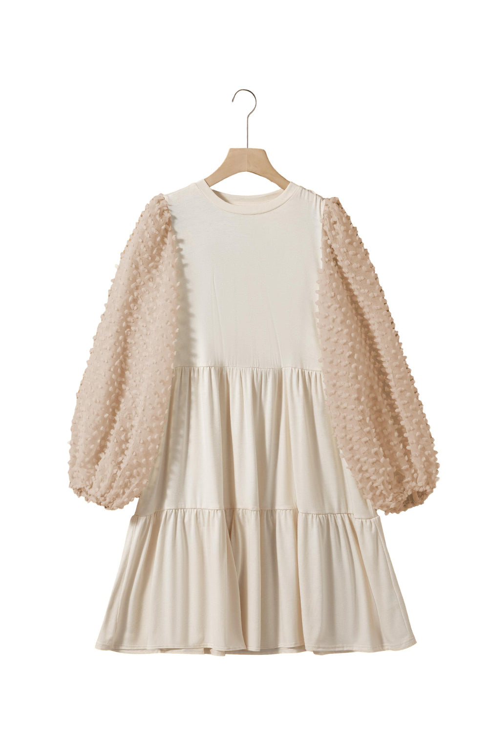 Beige Embellished Puff Sleeve Tiered A-line Dress