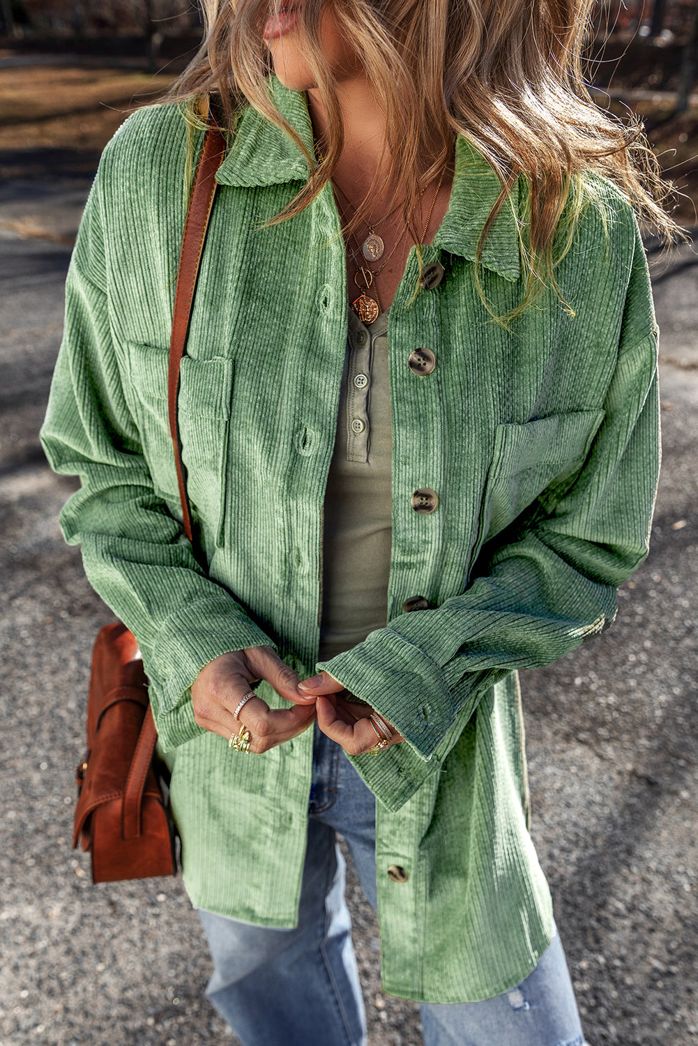 Mist Green Patched Pocket Button Up Corduroy Shacket