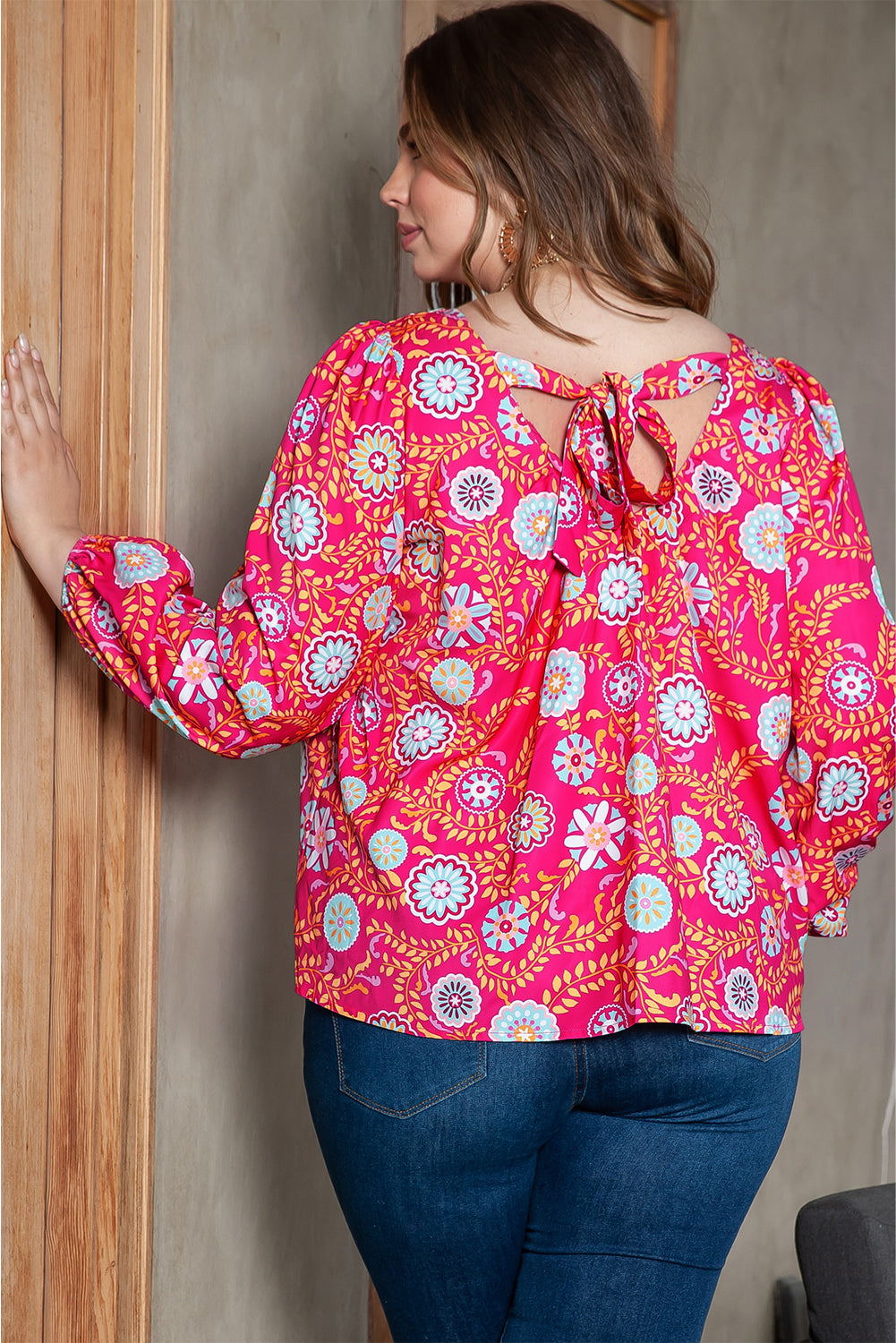 Pink Plus Size Square Neck Floral Blouse