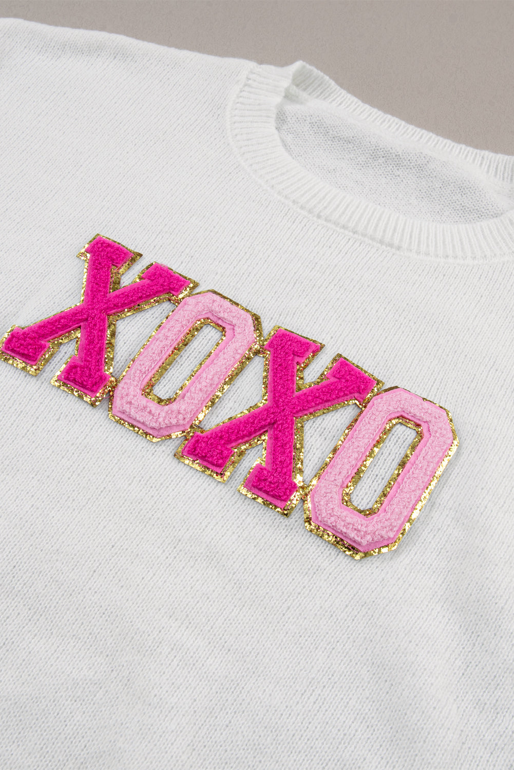 White XOXO Glitter Print Round Neck Casual Sweater