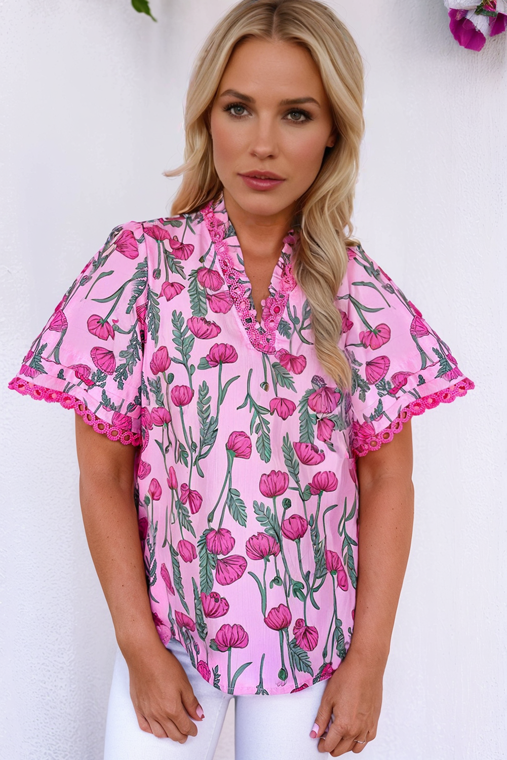 Pink Floral Lace Detail Frilled V Neck Summer Blouse