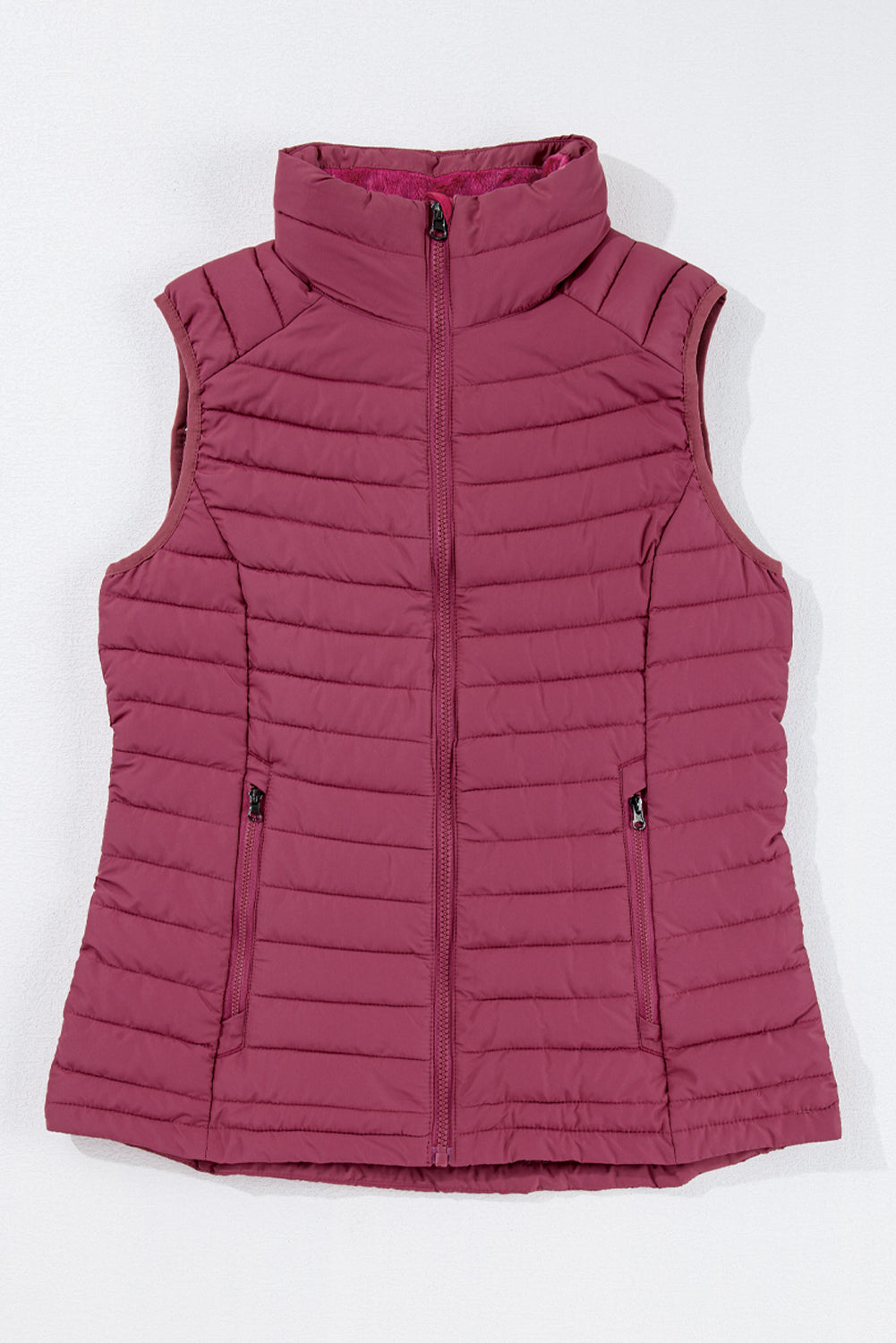 Black Plush Collared Quilted Zipped Puffer Vest