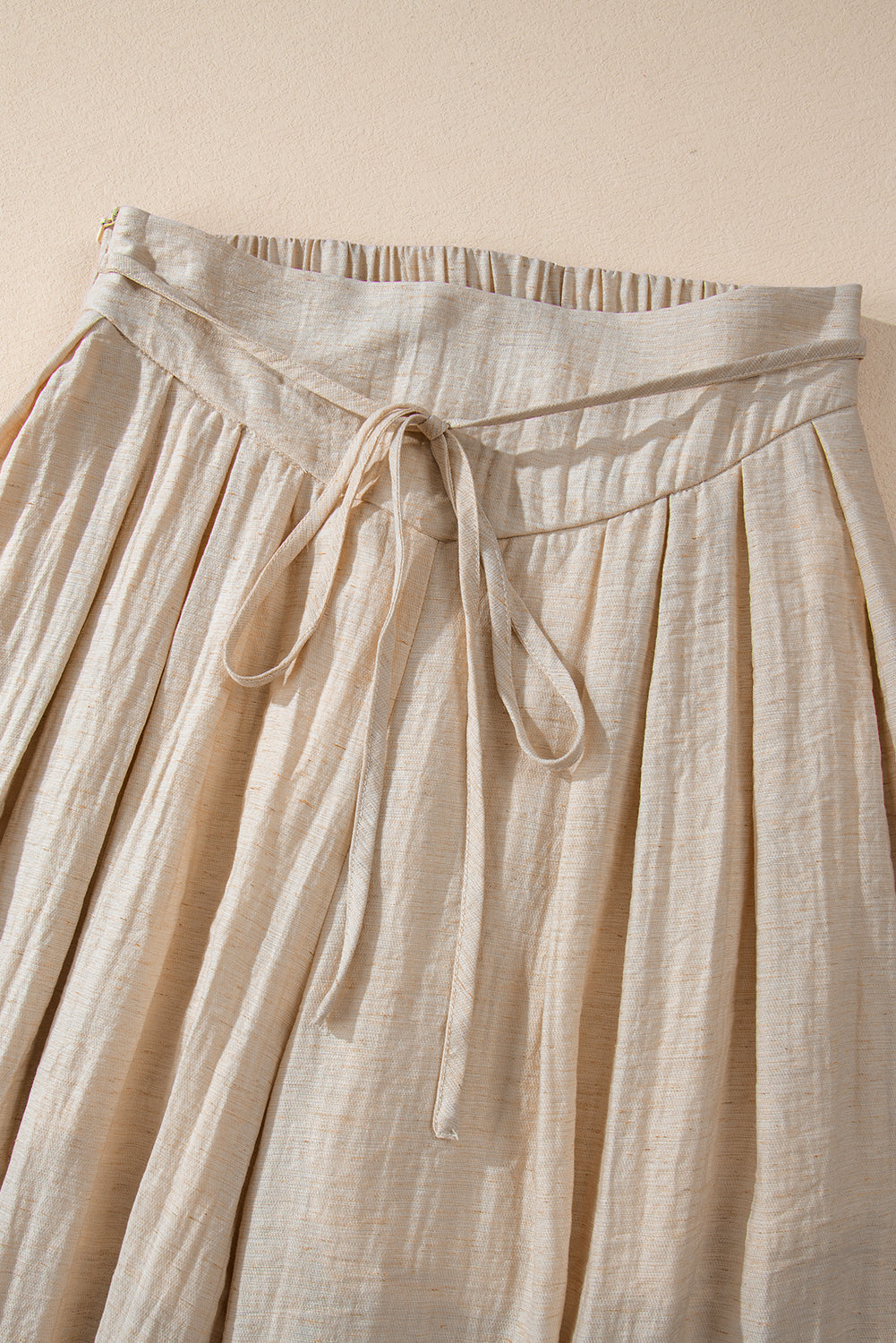 Beige Drawstring Waist Pleated Wide Leg Casual Pants