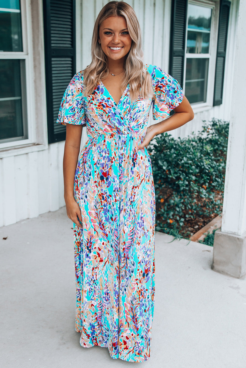 Green Wrap V Neck Floral Maxi Dress