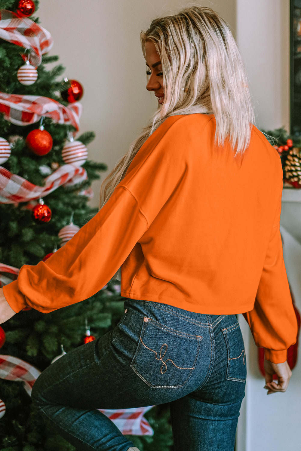 Orange Game Day Lettering Rugby Notched Neck Sweatshirt