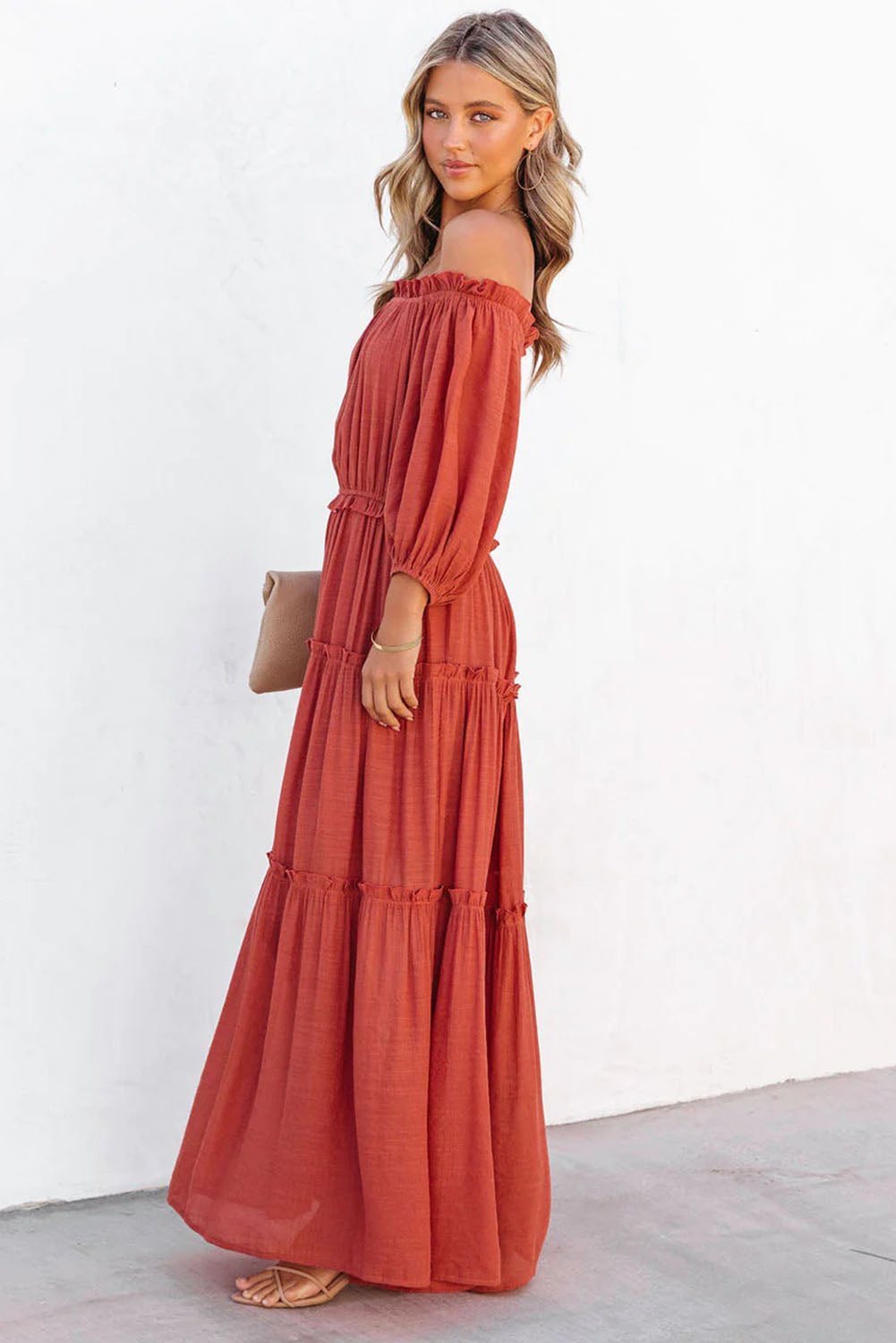 Orange Off Shoulder Balloon Sleeve Cutout Ruffled Maxi Dress