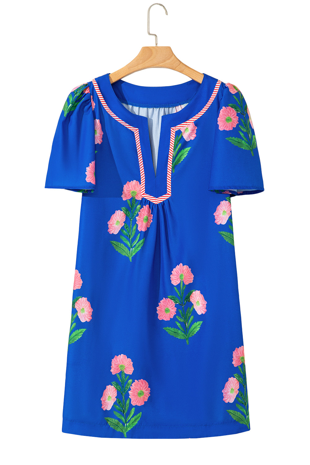 Blue Floral Short Sleeve Split Neck Loose Mini Dress