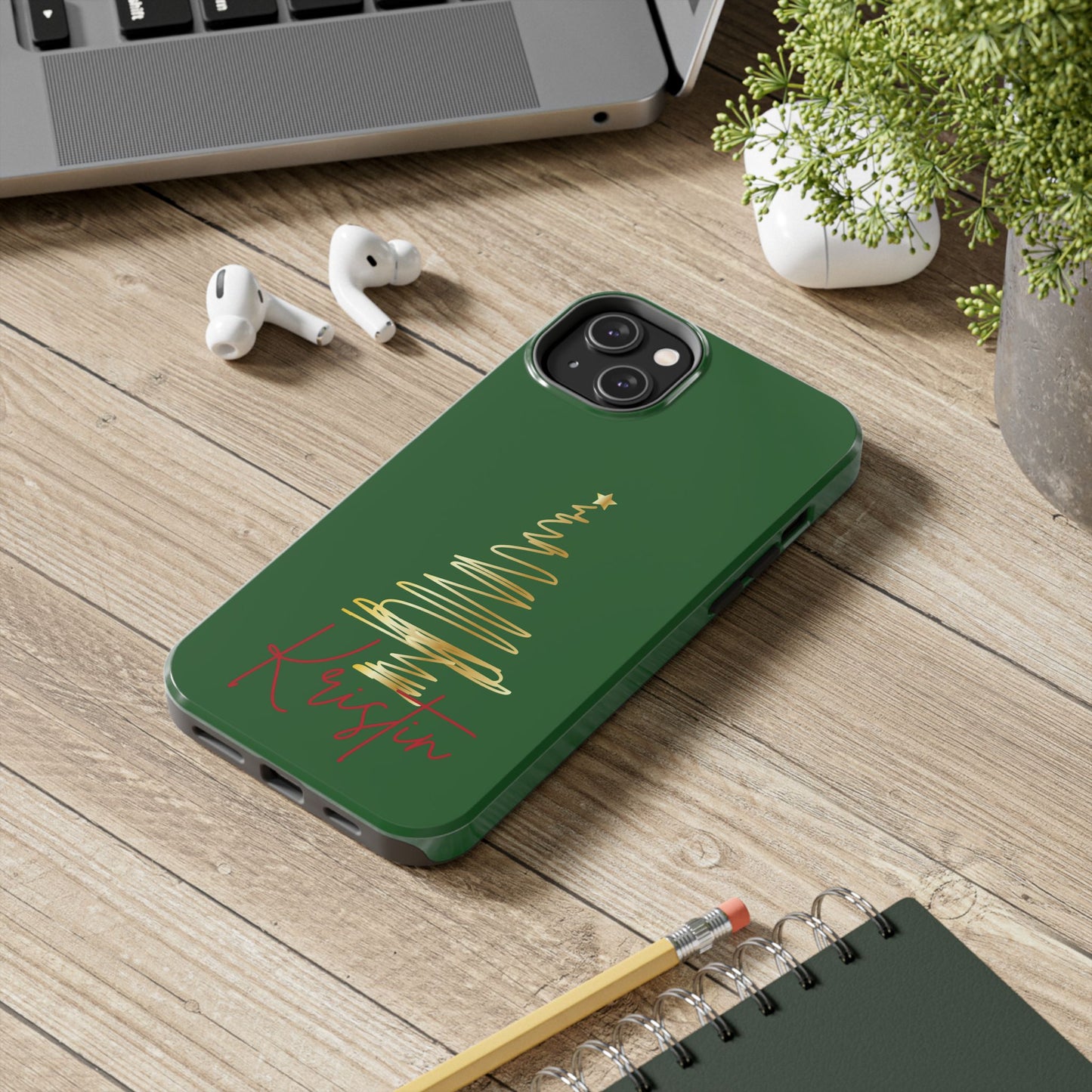 Personalized Christmas Tree Phone Case- Green and Gold