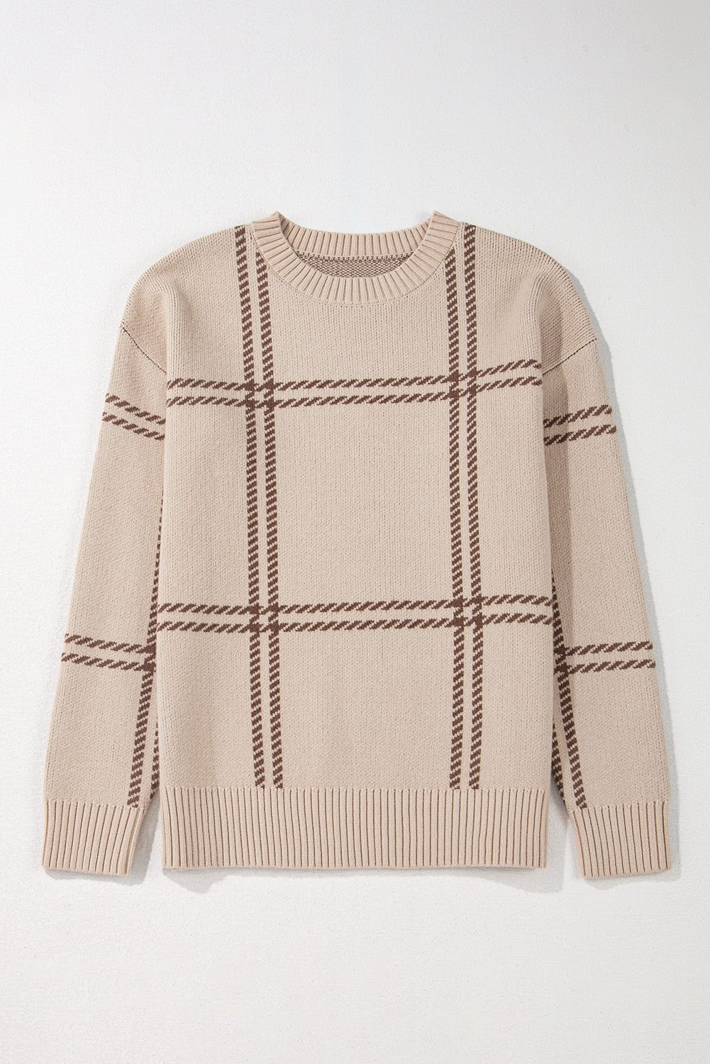 Khaki Plaid Pattern Knitted Drop Shoulder Sweater