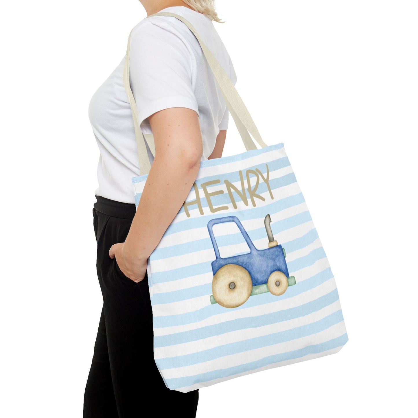 Personalized Kids' Blue Stripe Tote Bag with Tractor Design