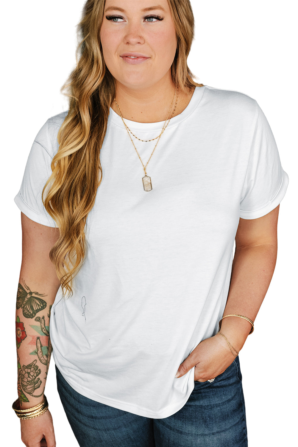 Black Round Neck Rolled Sleeve Plus Size T-shirt