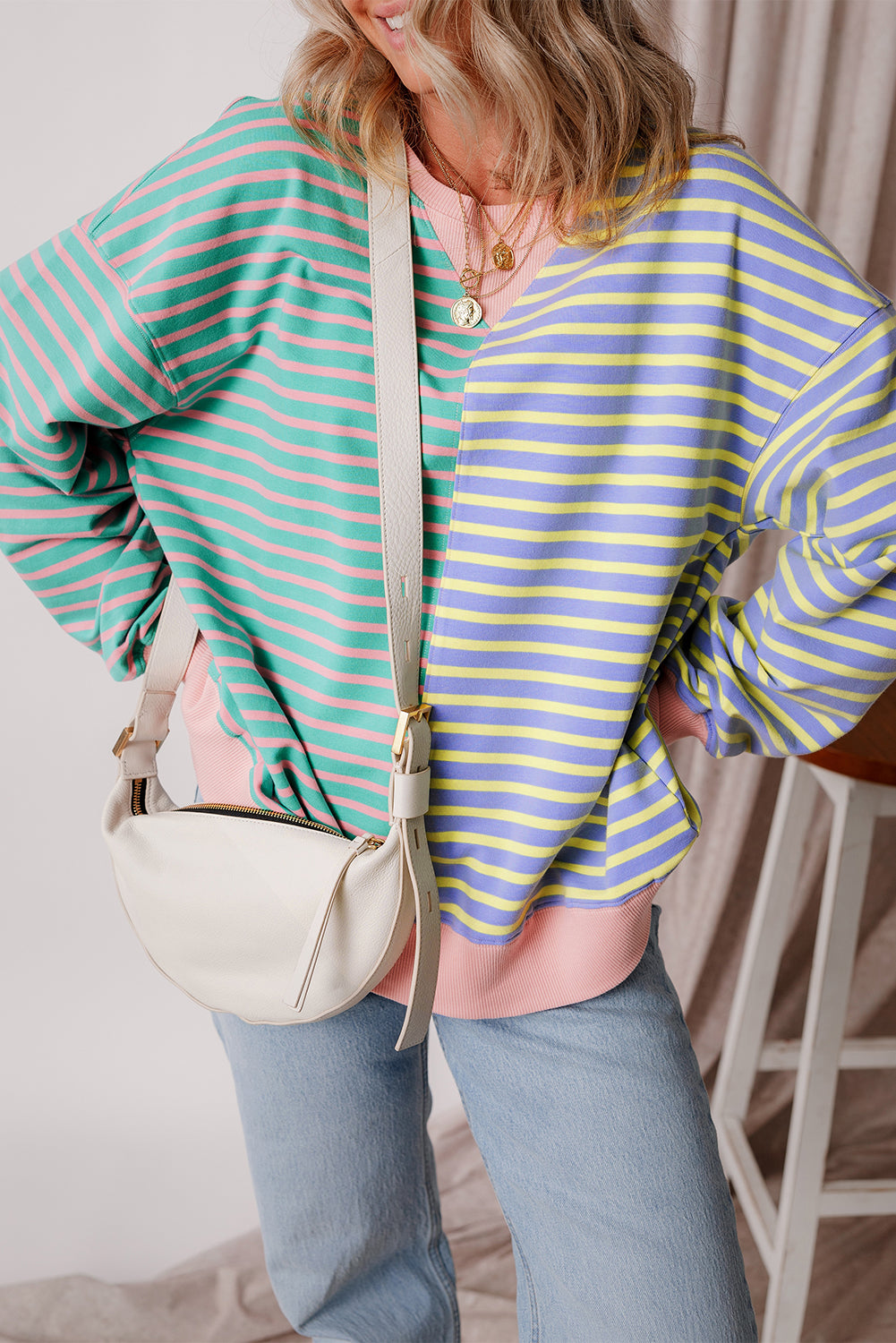 Green Stripe Casual Stripe Colorblock Drop Shoulder Oversize Sweatshirt