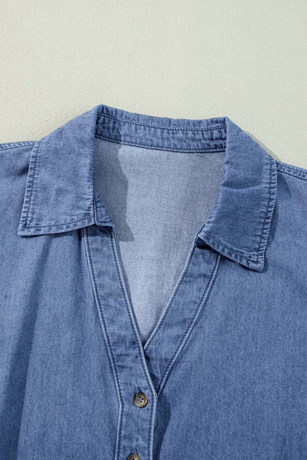 Dusk Blue Smocked Cuff Buttoned Tiered Denim Mini Dress