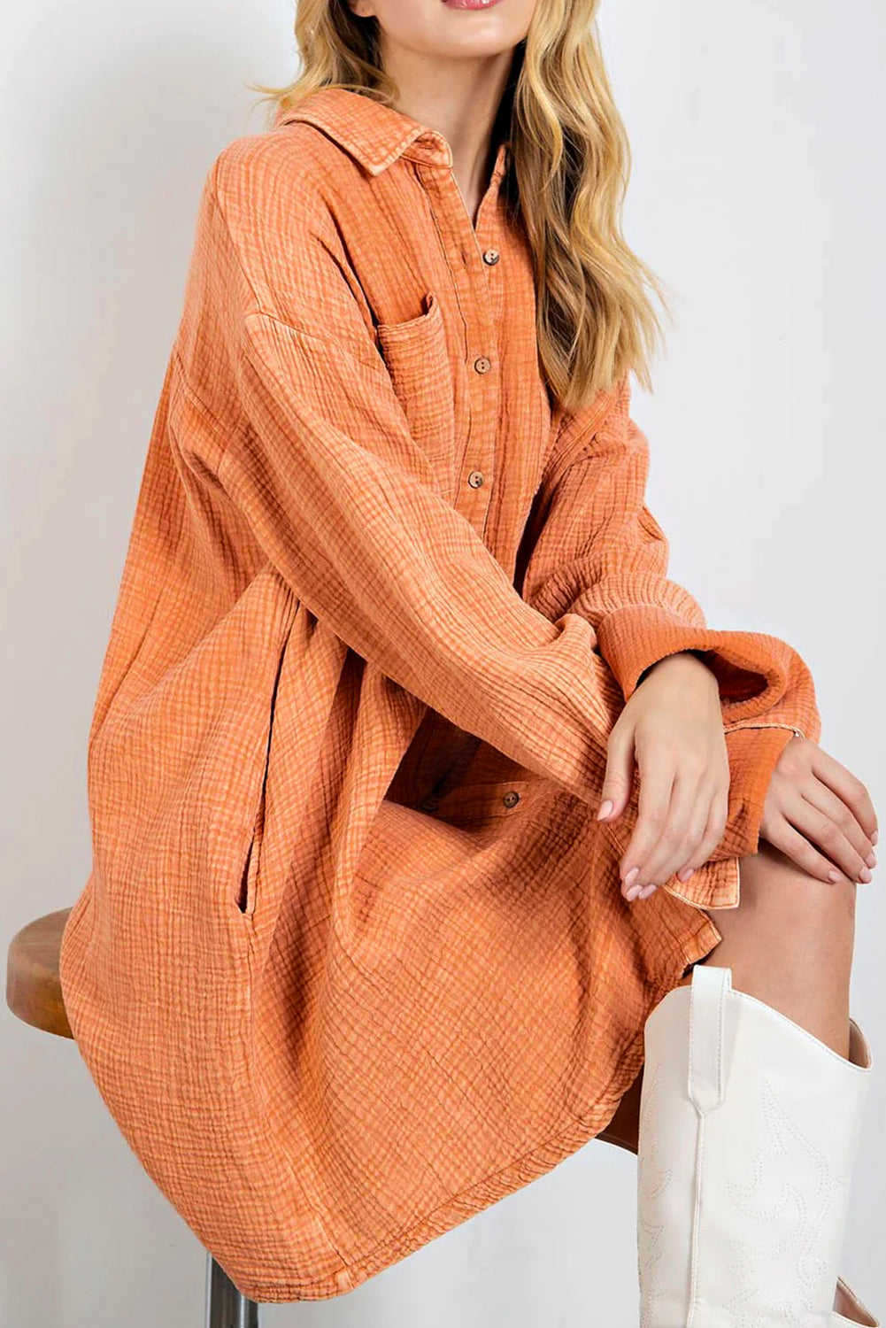 Orange Crinkled Dual Chest Pocket Oversized Shirt Dress