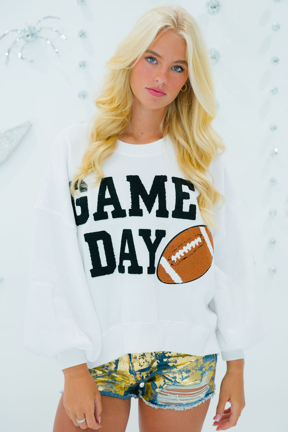 White GAME DAY Graphic Varsity Pullover Sweatshirt